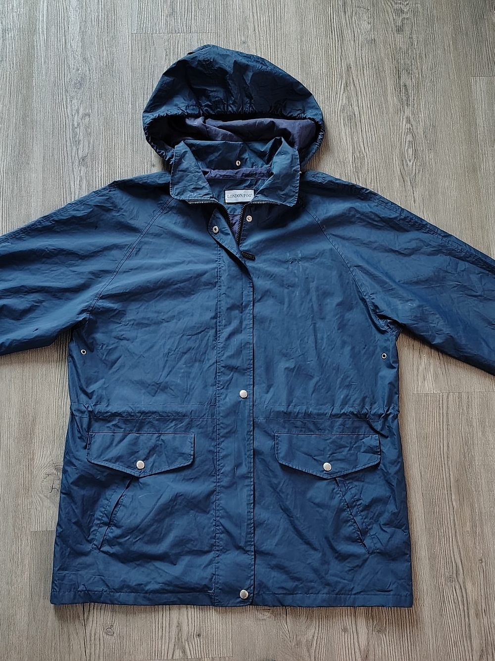 Vintage London Fog Men's Navy Blue Parka Rain Jacket Removable Hood Size L